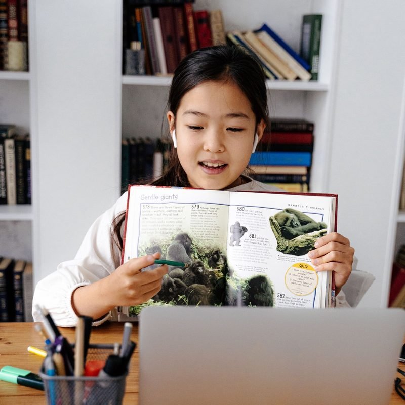 Girl showing an open book to her laptop during an online lesson