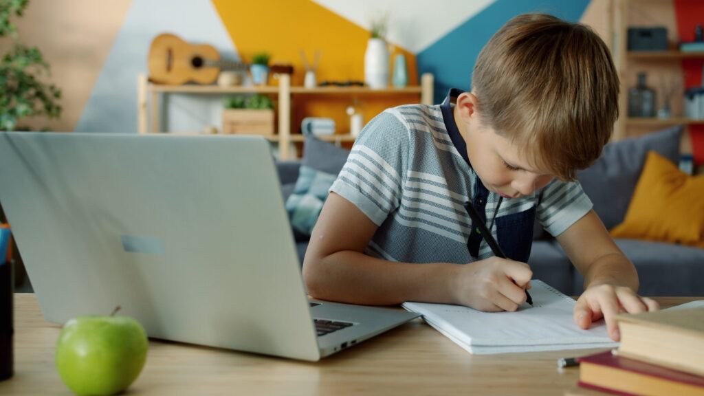 Boy learning online with a laptop at home